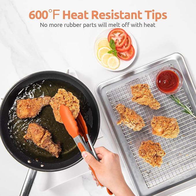 U-Taste Kitchen Tong for Cooking, 600ºF Heat-Resistant Tps, 9in/Orange | Rubber Tong for Serving Food, Salad/Grill/BBQ/Steak/Pasta Silicon Tongs, 18/8 Stainless Steel Handle & Smooth Locking