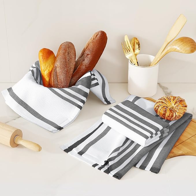 Homaxy Premium Cotton Stripe Kitchen Towels 6 Pack, 18"x 28", Black | Large 380 GSM Kitchen Hand Towels, Soft Terry Dish Towels, Highly Absorbent Tea Towel Set with Hanging Loop
