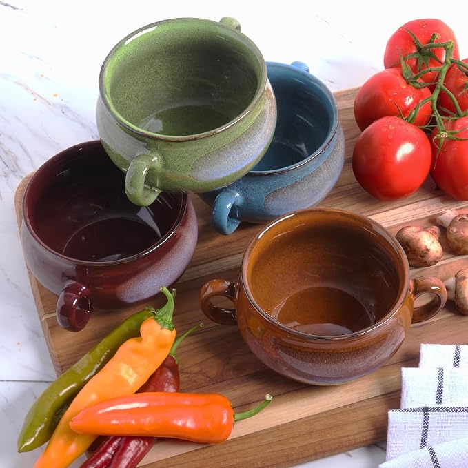 Stoneware 24oz Reactive Glaze Soup Crocks Set of 4: Perfect for soups, stews, and casseroles. Unique reactive glaze, oven-safe, microwave- and dishwasher-friendly with easy-grip handles for serving.