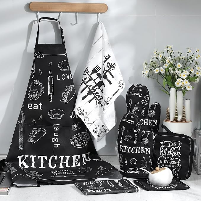 7 Pcs Kitchen Towels Oven Mitt and Pot Holder Apron Kitchen Decor Birthday Party Gifts (Cooking Meal Theme)