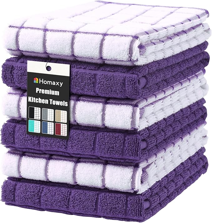 Homaxy Large Premium Cotton Kitchen Towels 16"x 28", 6 Pack, Purple | Natural Ring Spun 390 GSM Dish Towels, Super Absorbent Terry Kitchen Hand Towels, Soft Tea Towels with Hanging Loop