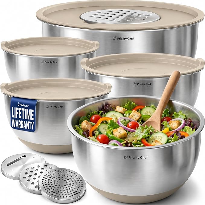 Priority Chef Stainless Steel Mixing Bowls with Lids Set, 3 Grater Attachments, Airtight Lids, Non-Slip Silicone Base Mixing Bowl Set, Large Prep Metal Mixing Bowls for Kitchen, Khaki