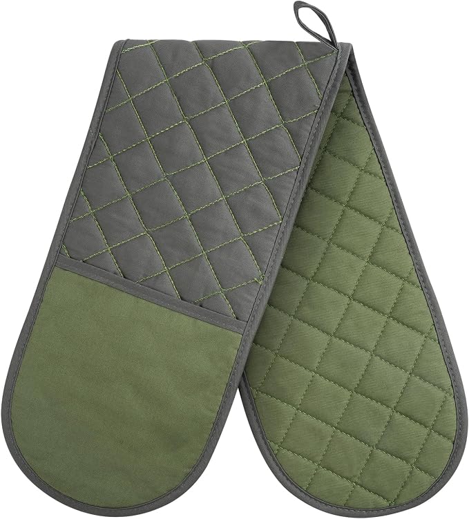 AUAUY Green Double Oven Mitts, 250°C/482°F Heat Resistant BBQ Mittens | with Ropes, Silicone Non-Slip Design Kitchen Mittens, Cooking Glove Kitchen Accessories for Cooking Baking Grilling