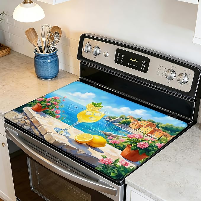Stove Top Covers for Electric Stove,Summer Lemon Juice Flat Top Stove Cover,Potted Flowers Heat Resistant Glass Top Stove Cover Protector Anti-Slip Range Covers, 28 x 20 Inch
