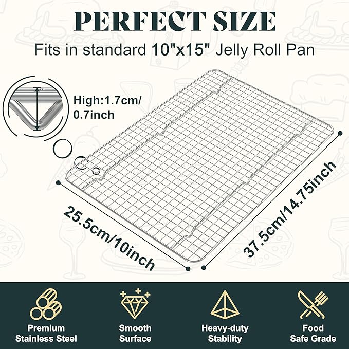 Cooling Racks for Cooking and Baking - 10"x14.75" Oven Safe Premium Stainless Steel Heavy Duty Baking Rack Tight-Wire, Fits Jelly Roll Pan for Roasting & Grilling & Cooking - 1 Pack
