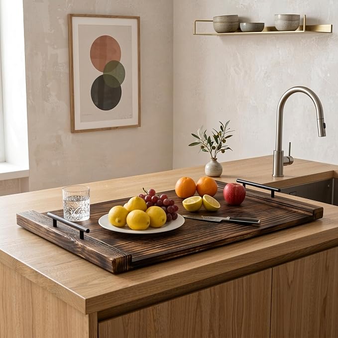 Noodle Board Stove Cover, 30 x 22 Inch Wooden Stove Top Cover with Handles, Pine Wood Stovetop Cover with Cross-Grain Dovetail Design for Extra Counter Space, Brown