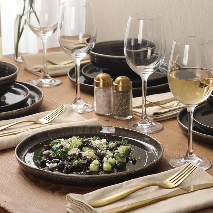 Gibson Elite Eclipse Swirls Plates and Bowls Sets, 12-Piece Stoneware Dinnerware Sets, Reactive Glaze Dish Set - Black