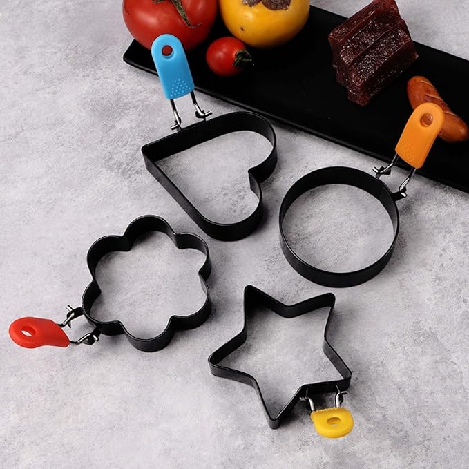 4 Pcs DelloidMaz Nonstick Stainless Steel Egg Rings of Different Shapes with 1 Oil Brush & 1 Egg Separator, Egg Molds Great for Frying and Shaping of Muffins, Pancakes, Sandwiches (4 shapes)