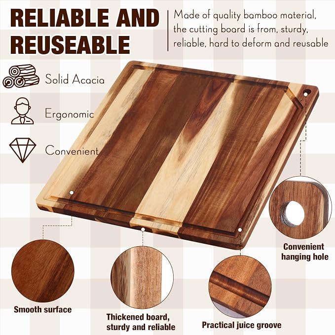 Zubebe Large Stove Cutting Board 20" x 20" Burner Cover Square Rv Chopping Board with Hole Grooved for Oven Apartment Kitchen(Acacia)