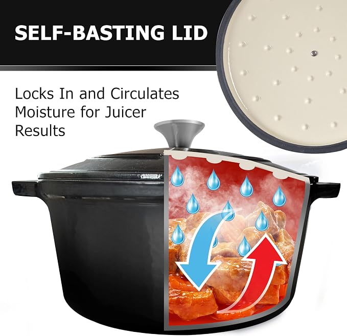 MUELLER HOME 6 Quart Enameled Cast Iron Pot Dutch Oven, Heavy-Duty | Oven-Safe to 500°F & Across All Cooktops, Casserole Dishes for Ovens, Bread Pan with Lid & Knob, Cast Iron Cookware, Black