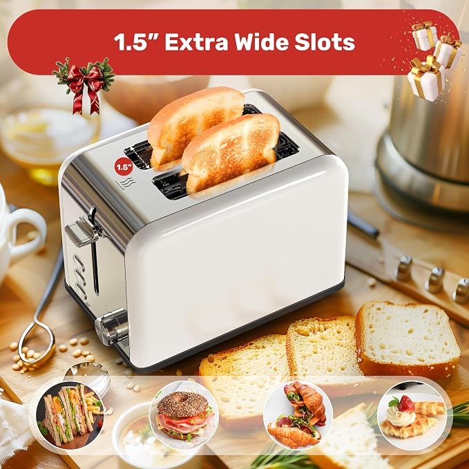 YSSOA Stainless Steel Toaster 2 Slice with Extra Wide Slot & Removable Crumb Tray, 6 Shade Settings and Bagel/Defrost/Cancel Functions, Compact Oven, for Various Bread & Waffle, White New