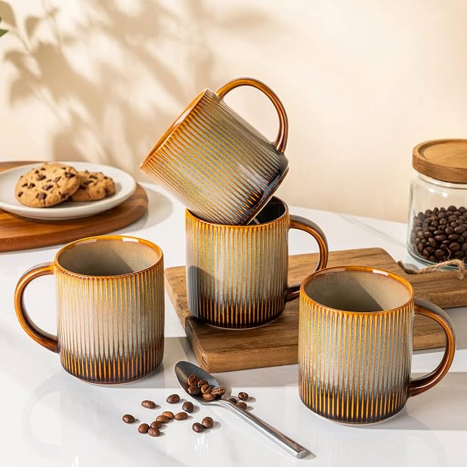 theterra Ceramic Coffee Mugs Set of 6, 14.2 oz Coffee Cups with Handle | Handmade, Suitable for Latte, Tea, Milk, Beer & Hot Cocoa, Creamy Amber