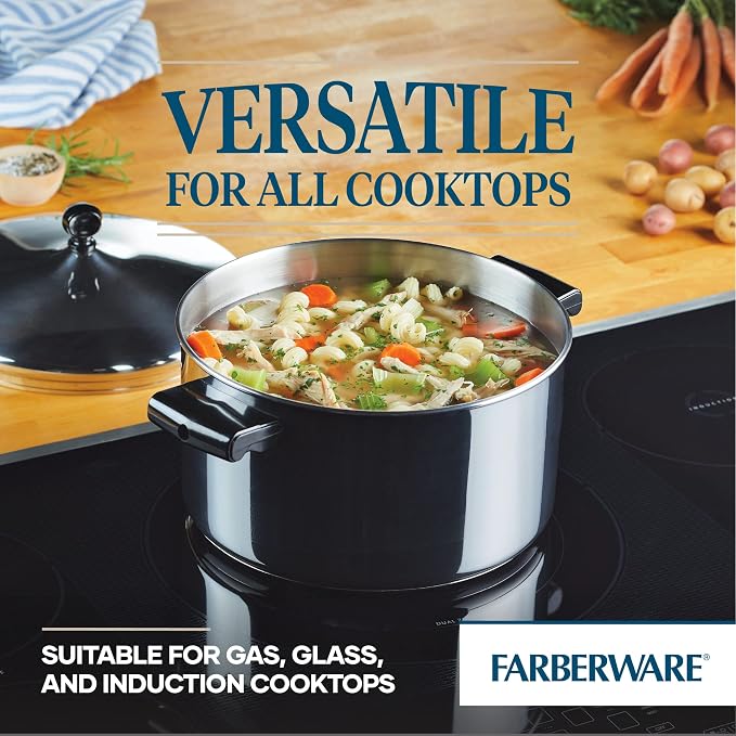Farberware Classic Stainless Steel Stockpot with Lid, 6-Quart | Durable Stainless Steel Construction For Stocks, Soups And Boiling Pasta, Dishwasher Safe, Everyday Cooking