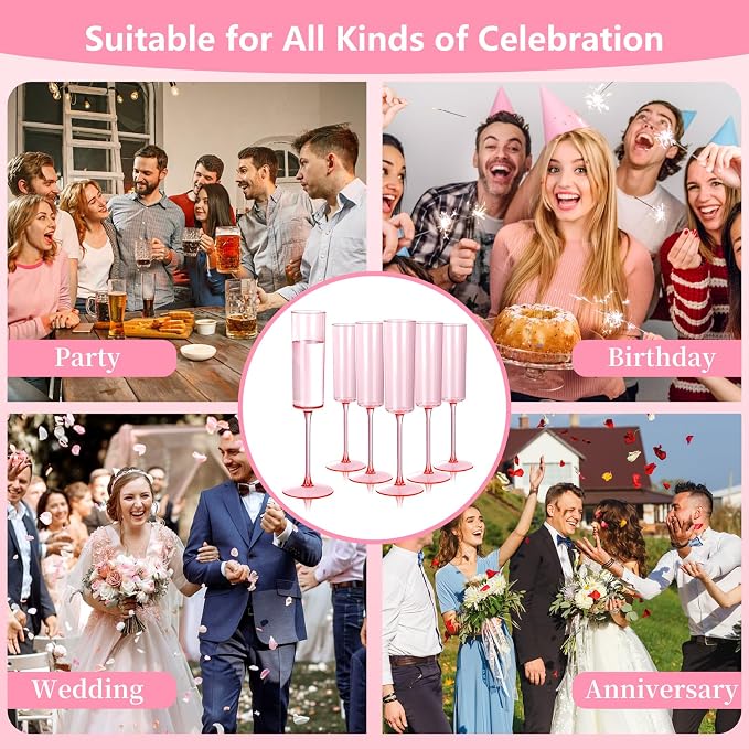 Ciaell 24 Pack Pink Plastic Champagne Flutes for Weddings Birthdays | 6 oz Pink Square Toasting Cups, Heavy Duty Plastic, Champagne Wine Mimosas Cocktails for Anniversaries Parties Baby Showers
