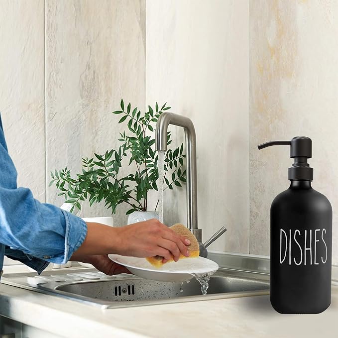 Black Glass Soap Dispenser, Matte Black Pump, 16 oz | Black Glass, Matte Black Stainless Steel Pump, Bathroom and Kitchen Sink use, 6 Waterproof Labels (Pack of 2)