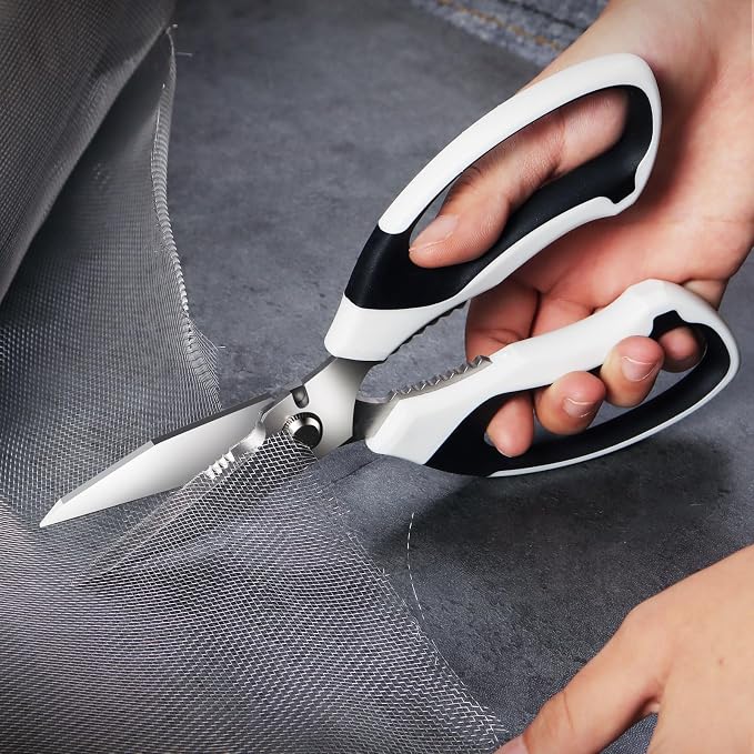 BoFuYuan Utility Scissors All Purpose heavy duty 8-Inch White | Comfort Grip, Sharp Serrated Blades Cutting Carpet Cardboard Wire Fabric, Multipurpose Shears for Kitchen Garden Office Craft