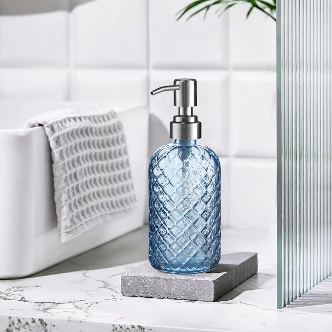 Kaishun Refillable Glass Soap Dispenser (2PC) for Hand Soap & Lotion, Blue