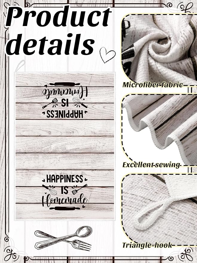 4 Pcs Wood Grain Kitchen Towels Happiness Dish Towels Gifts | Absorbent Hand Tea Dishcloths with Hanging Loop Heart of the Home Quote for Home Housewarming Gift Funny Kitchen Decor