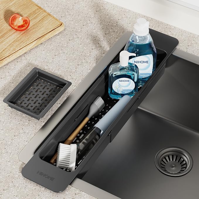 NiHome Extendable Kitchen Sink Caddy Extra Long Brush Sponge Storage Holder | Expandable Kitchen In Sink Organizer Extra Long for Brush & Sponge with Drainage, Adjustable Length, Non-Slip Pads (Black)