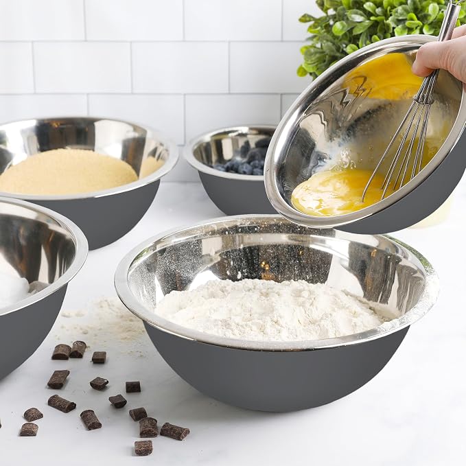 WHYSKO Stainless Steel Mixing Bowls Set, 5-Piece Meal Prep & Food Storage | .75, 1.5, 3, 4 & 5 Quart Metal Mixing Bowls Set for Prep, Serving, Baking & Food Storage, Ecofriendly, Dishwasher Safe, Grey