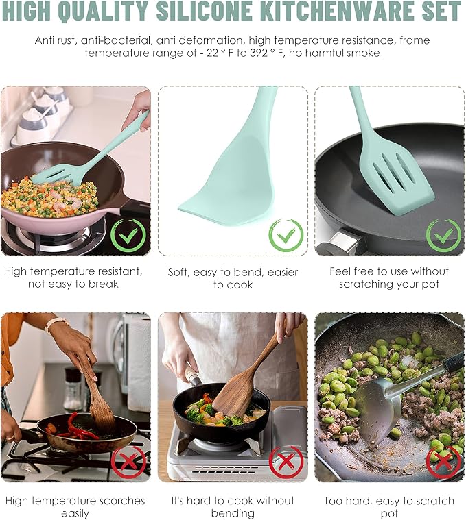 Kitchen Utensils Set-12 Pieces Silicone Cooking Utensils Set (Dishwasher Safe) 392°F Heat Resistant Spatula Set,Kitchen Utensil Set for Nonstick Cookware,Best Kitchen Tools with Holder | Dishwasher Safe 392°F Heat Resistant Spatula Set Kitchen Utensil ...