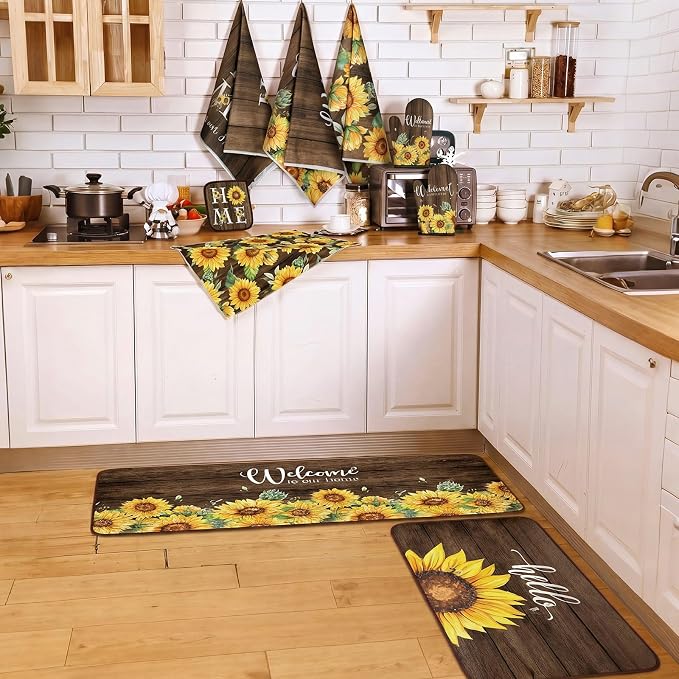 Fourluoo 10 Pcs Sunflower Kitchen Set Kitchen Towels and Rugs Mats Oven Mitts and Pot Holders Sets Brown Woodgrain Decor for Cooking Baking Grilling Gift