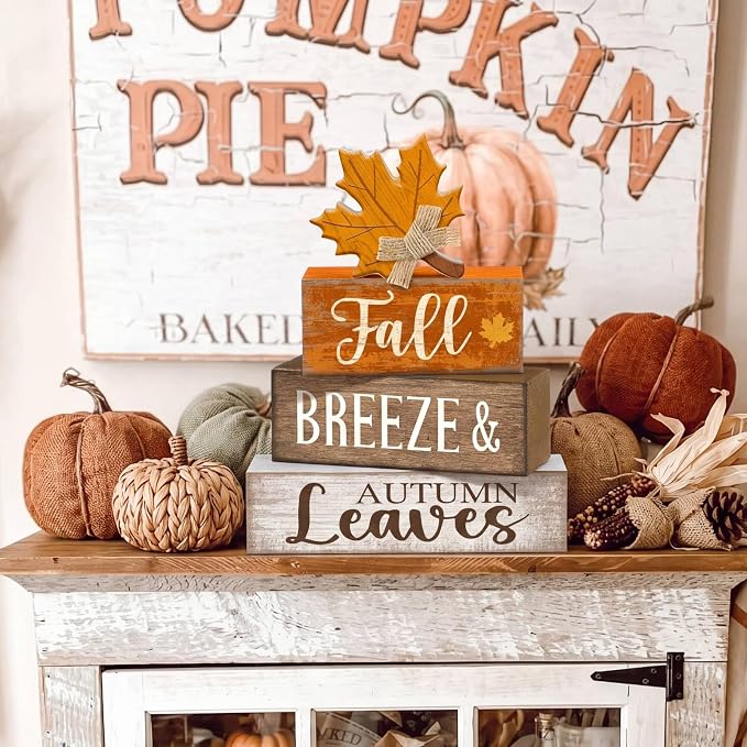 Lineshading 4 Pcs Wooden Fall Block Signs Farmhouse Tabletop Decor | Rustic Home Accent for Tiered Trays, Autumn Leaves Theme, Stacked Design for Seasonal Display, Harvest Lettering