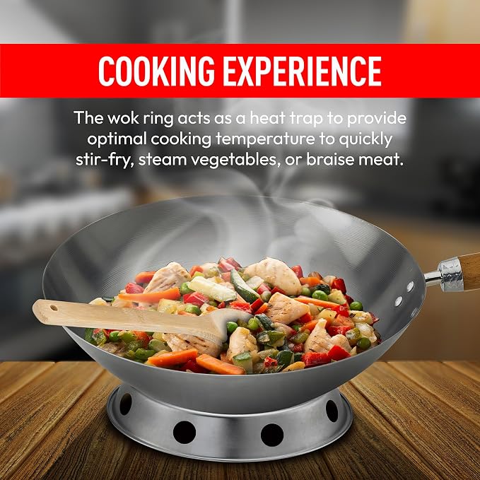 Helen's Asian Kitchen Carbon Steel 4-Piece Wok Set, 12-Inch Round Bottom Wok