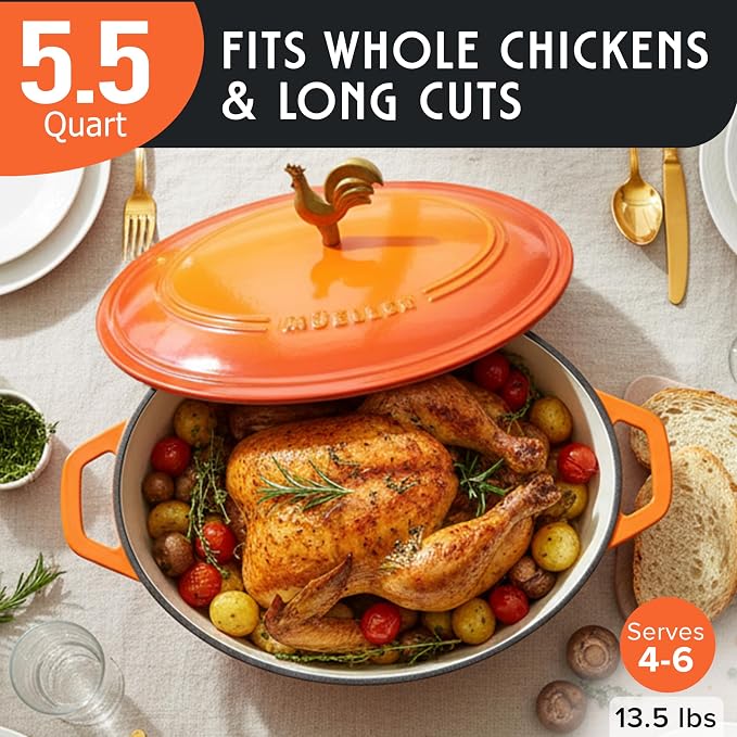 MUELLER HOME 5.5 Quart Enameled Cast Iron Oval Dutch Oven w Rooster Knob & Cotton Potholders, Heavy-Duty Cookware, Oven-Safe up to 500° F & Across All Cooktops, Gifts for Grandma & Women, Orange | Rooster Knob, Cotton Potholders Included, Heavy-Duty Co...