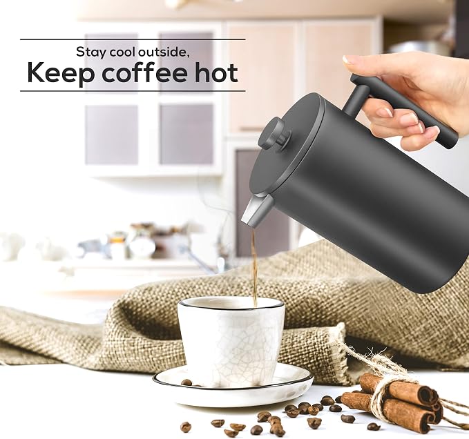 Utopia Kitchen 304 Grade Stainless Steel French Press 50 Oz, Black | Double Wall Insulated Coffee Press with 4-Level Filtration System, Include 2 Extra Filters, Rust-Free, Dishwasher Safe