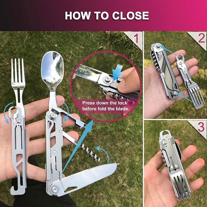 6-in-1 Camping Utensils Set with Case Folding Fork Spoon Knife | Detachable Travel Pocket Cutlery Combo, Portable Flatware with Wine Bottle Can Opener for Picnic Outdoor, 420 Stainless Steel