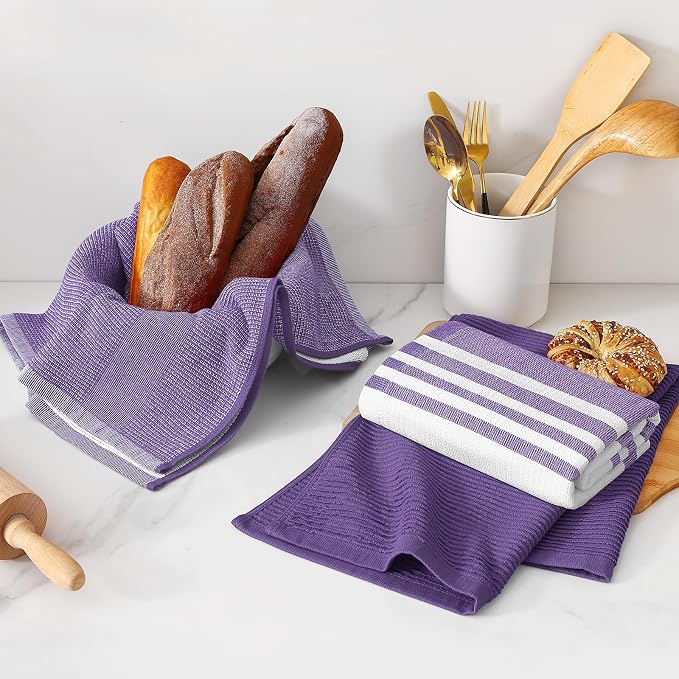 Homaxy Cotton 380 GSM Premium Kitchen Towels, 18"x 28", 9 Pack, Purple | Soft and Absorbent Terry Dish Towels, Multipurpose Tea Towel Set with Hanging Loop, 3 Styles Kitchen Hand Towels