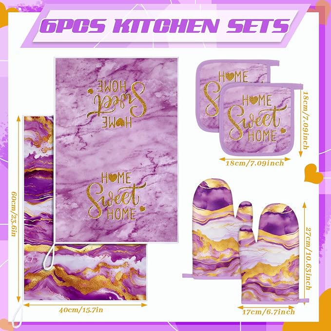 Bencailor 6 Pcs Purple Kitchen Decor Marble Dish Towels Oven Mitts and Pot Holders Modern Purple Marble Kitchen Set for Baking Cooking Grilling Cleaning Supply Accessories