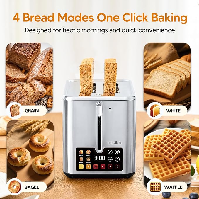 Trisiko® Touch Screen Toaster 2 Slice, 900W Digital Toaster with Countdown Timer, 1.38 in Wide Slots, 6 Browning Levels, Bagel, Defrost, Reheat, Cancel, Crumb Tray, Cord Wrap-Stainless Steel