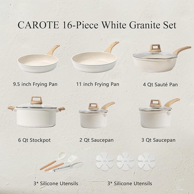 CAROTE 16pcs Nonstick Cookware Sets, Pots and Pans Set | Induction Cooking Set, Easy Clean, Fit All Stovetops, Even Heating, Stay Cool Handle, with Frying Pans & Saucepans