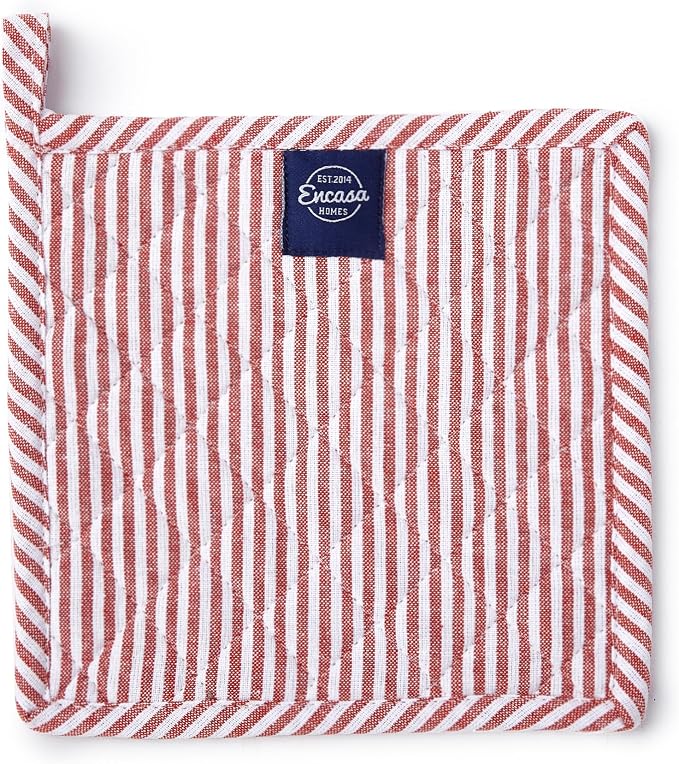 Encasa XO Pot Holders, Quilted Kitchen Hot Pads 8"x8" Ticking Red | 100% Eco-Friendly Cotton | Thick Cotton Padding Insulation | Convenient Hanging Loop | Set of 2