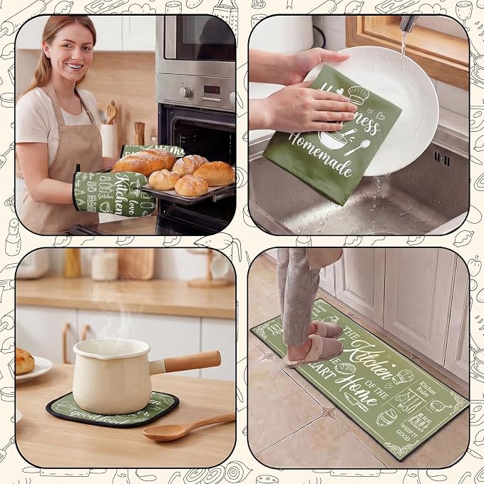 10 Pcs Kitchen Decor and Accessories Set, Farmhouse Sage | Green Baking Happiness 4 Dish Towels Kitchen Rugs 2 Oven Mitts 2 Pot Holders, Home Decor for Cooking Baking BBQ Housewarming
