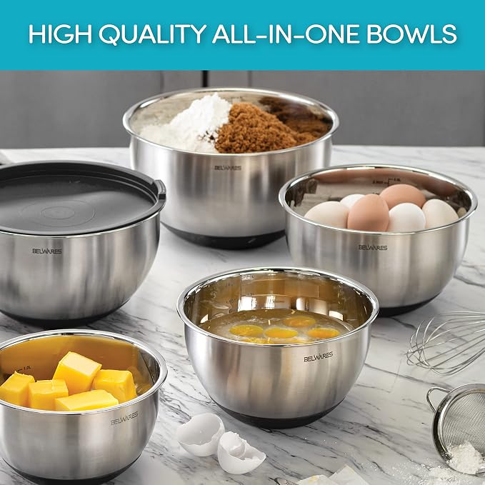 Belwares Mixing Bowls with Lids Set of 5 and 3 Graters, Stainless Steel | Non-Slip Silicone Base, Nesting Bowls Space-Saving for Baking, Food Prep, Storage, Dishwasher Safe, Airtight Lids, Black