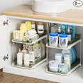 Delamu 2-Tier Multi-Purpose Bathroom Under Sink Organizers and Storage, Stackable Kitchen Pantry Organization, Pull Out Medicine Cabinet Organizer with Movable Dividers, Light Green, 2 Pack