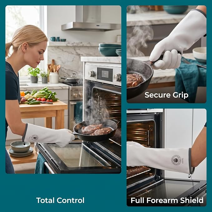 15" Long Silicone Oven Gloves, Heat Resistant Kitchen Oven Mitts (8/M) | Food Grade Waterproof Silicone Gloves for Cooking, Grilling & Smoker Barbecue, Sourdough Baking