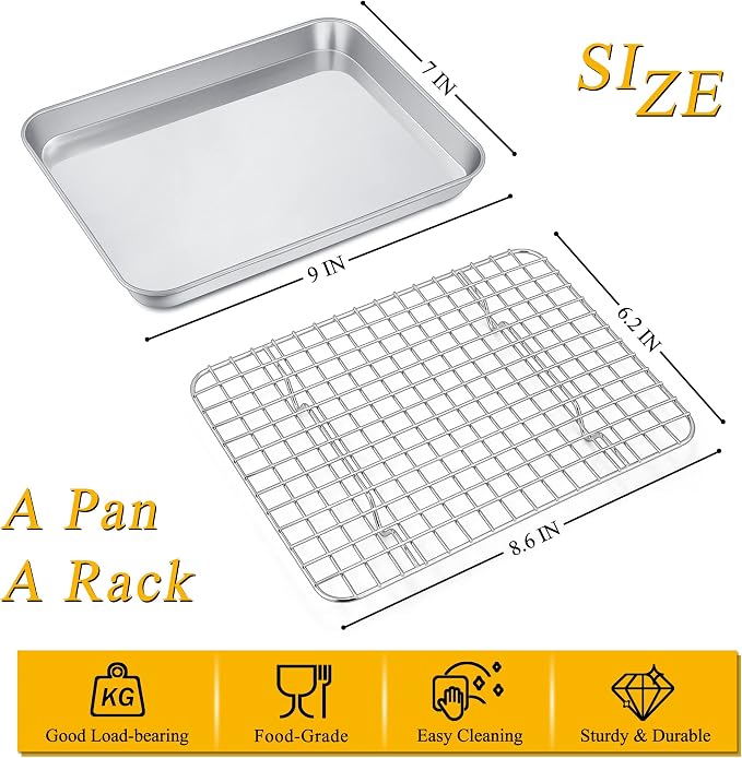 P&P CHEF 9 Inch Toaster Oven Pan Tray with Wire Rack, 2 PCS | Baking Sheet Pan + Cooling Rack for Cooking/Roasting, Dishwasher Safe & Rust Free, Non-toxic & Sturdy