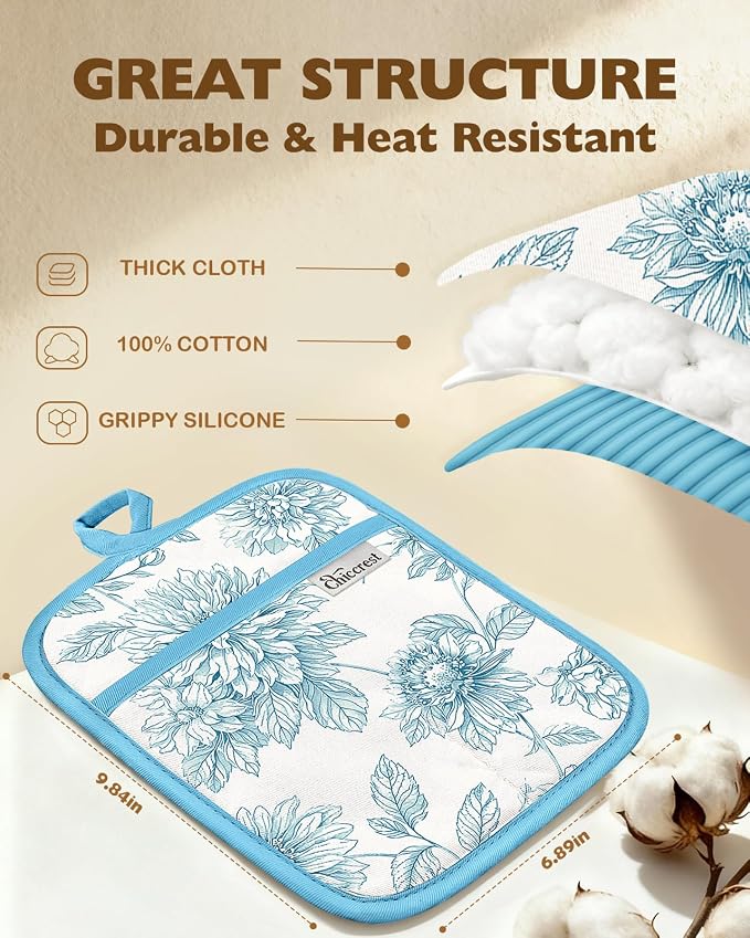 100% Thick Cotton Pot Holders Ribbed Soft Silicone Blue Floral | Stylish Pot Holders with Pockets, Ribbed Soft Silicone, Machine Washable Non-Slip Heat Resistant Hot Pads 2pcs, Kitchen Gift