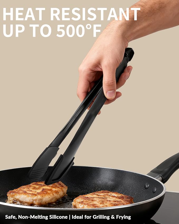 Professional Stainless Steel Kitchen Tongs, Dishwasher safe 12'' Black | Food-Grade Silicone Anti-Slip Design with Comfortable Grip, Multi-Purpose for Salad Serving, BBQ and Cooking
