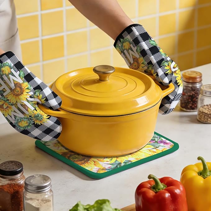 8 Pcs Sunflower Plaid Kitchen Decor Accessories Set, Dish Towels Square Heat Resistant Oven Mitts and Gloves Pot Holders for Cooking Baking Mother’s Day Farmhome Gifts