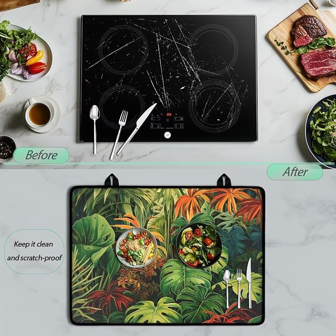 Tropical Leaf Top Cover for Electric Stove, 30 x 21 Inch Stove Top Protector, Wear Resistant Ceramic Glass Electric Stove Top Cover, Anti-Slip Insulation Pad for Glass Stove Top Protector