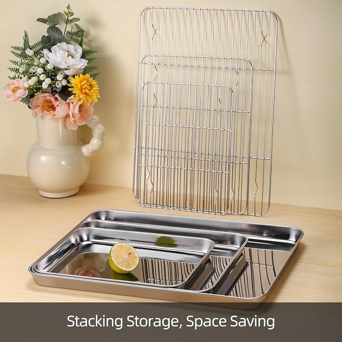 Amrules Baking Sheet with Cooling Rack, Set of 6, Kitchen Baking Pans | Including 3 Premium Stainless Steel Cookie Sheets, 3 Wire Racks, 3 Different Sizes, Nonstick, Heavy Duty Non Toxic