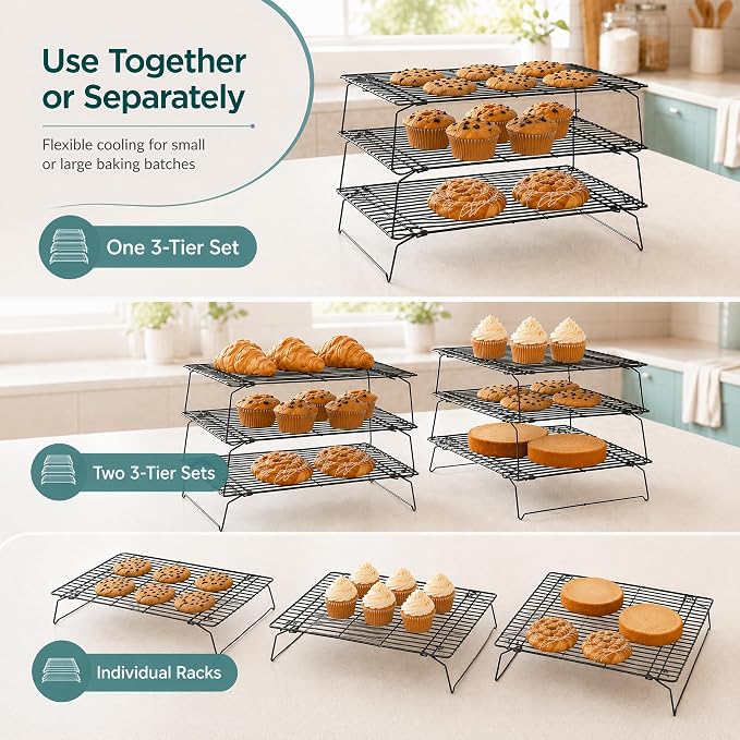 Kingrol 6-Piece Stackable Cooling Racks for Baking, Two 3-Tier Sets | Nonstick-Coated Steel, Foldable Legs, Stacked or Separate Use, Ideal for Cookies, Cupcakes, Pastries, Pies, and Cake Layers