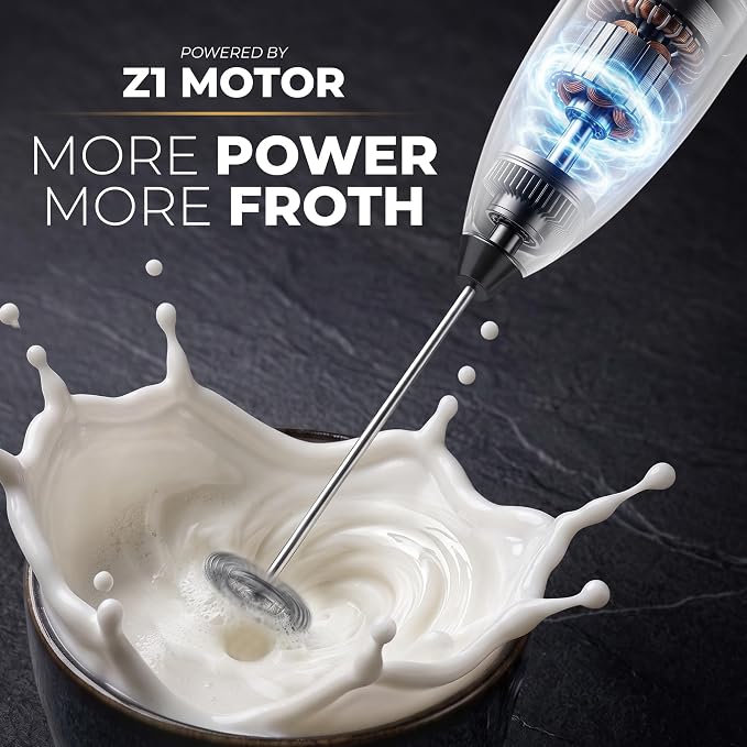 Zulay Kitchen Powerful Milk Frother Wand With Duracell Batteries - Ultra Fast Handheld Drink Mixer - Electric Whisk Foam Maker for Coffee, Lattes, Cappuccino & Matcha - Z1 Motor - Exec White & Black