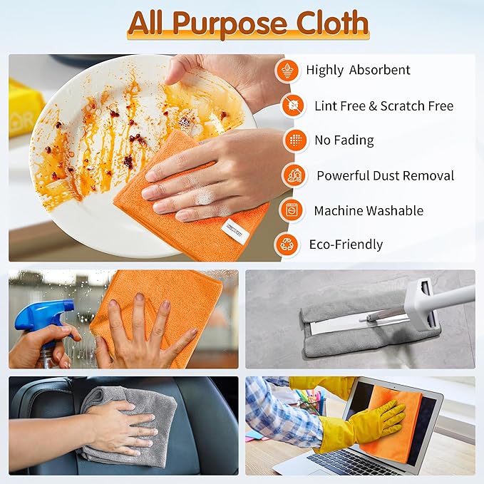 Microfiber Cleaning Cloth -Pack of 12, Highly Absorbent Cleaning Rags(Grey&Orange), 16"X12" All Purpose Cleaning Towels for Housekeeping, Kitchen, Car, Reusable Microfiber Towels