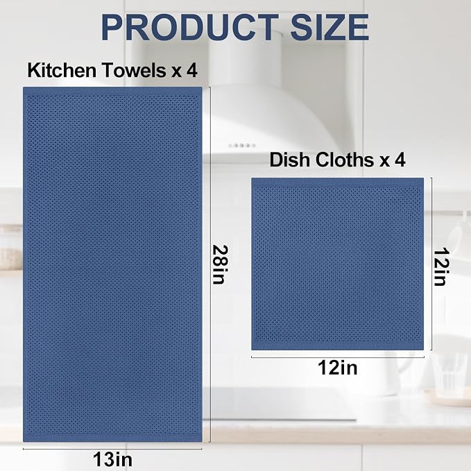 Homaxy 8 Pack 100% Cotton Kitchen Towels and Dishcloths Set, Assorted | 12 x 12 Inches and 13 x 28 Inches Kitchen Towels Set, Ultra Soft Absorbent Dish Cloths for Washing Dishes